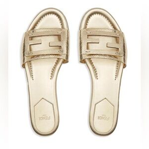Fendi Baguette FF Tube Metallic Gold Medallion Flat Sanda